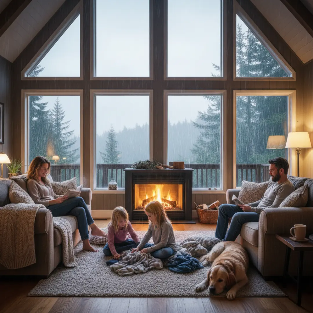 A peaceful setting family relaxing inside with rain outside the windows