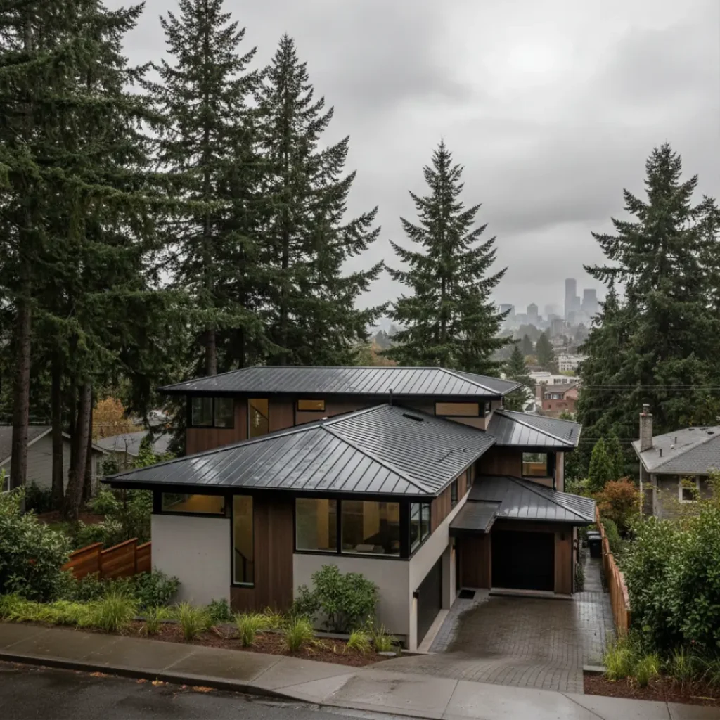 featuring a classic modern house in Seattle gray sky