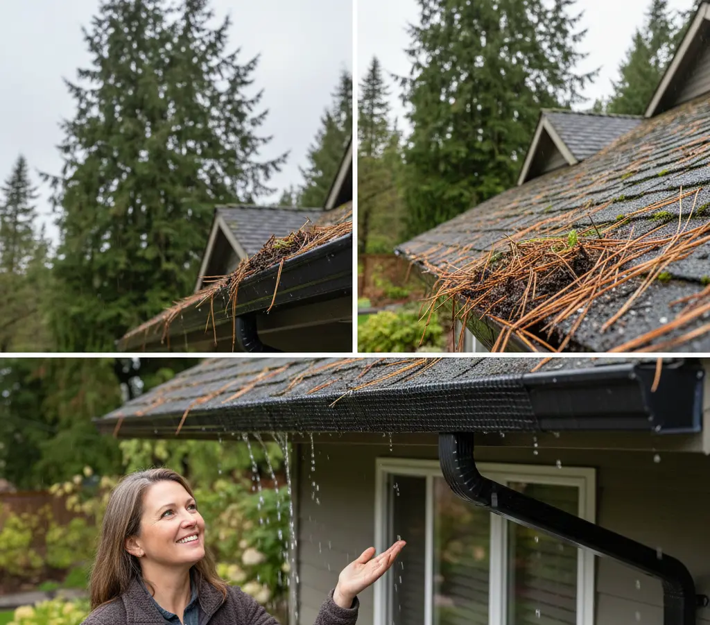 A collage of images showing a Western Washington home with gutters overflowing and clogged by thick mats of pine needles during rain.