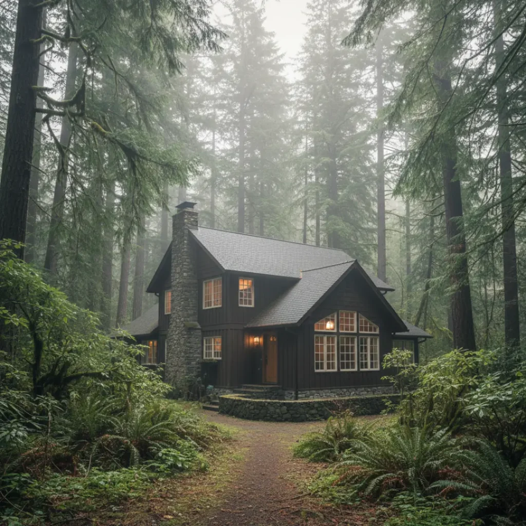 A dark wood Pacific Northwest home nestled in a dense, foggy evergreen forest with tall Douglas fir trees.