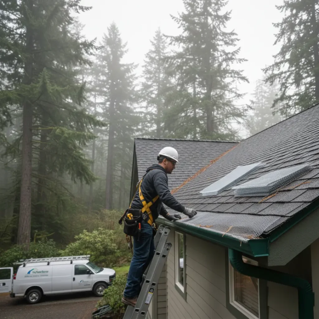 A professional installer on a ladder fitting micro-mesh gutter guards onto the roof of a house surrounded by trees.