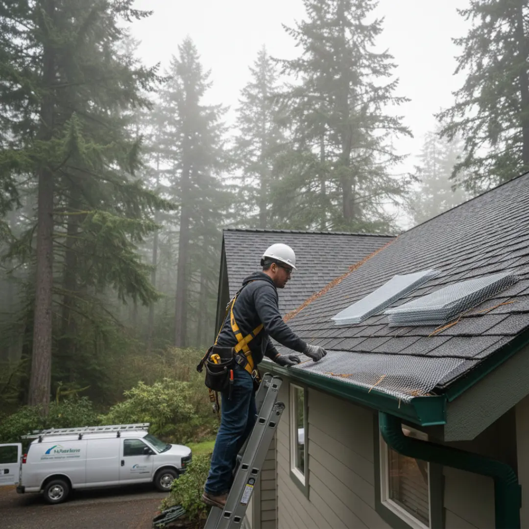 A professional installer on a ladder fitting micro-mesh gutter guards onto the roof of a house surrounded by trees.