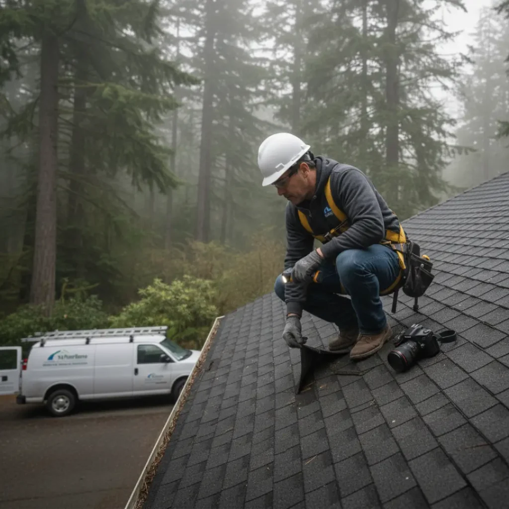 A professional roofing contractor in a hard hat and safety harness inspecting shingles on a sloped roof in a wooded area.