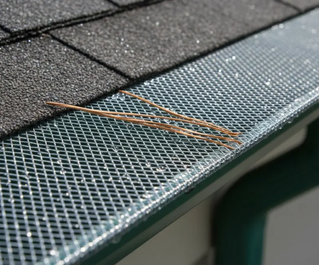 A close-up view of a stainless steel micro-mesh gutter guard installed on a shingle roof, showing pine needles resting on top of the fine screen.