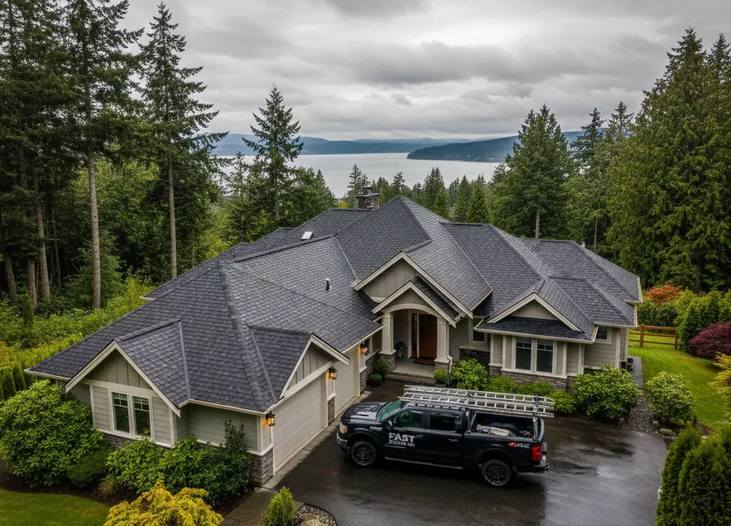 An aerial wide shot of a large, multi-gabled suburban home with a newly installed dark grey asphalt shingle roof, surrounded by lush green trees and a driveway with a contractor's truck.