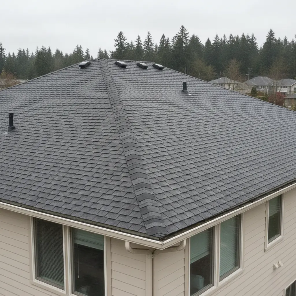 A high-angle view focusing on the clean lines of a hip roof ridge. Several black box-style attic vents are installed along the peak of the dark grey shingle roof.