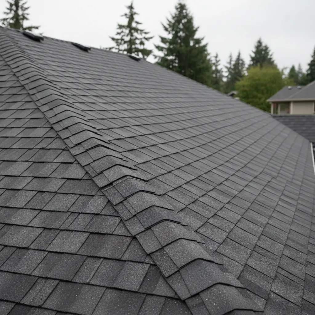 A sharp, close-up perspective showing the texture of architectural asphalt shingles and the overlapping ridge cap shingles running down the hip of the roof.