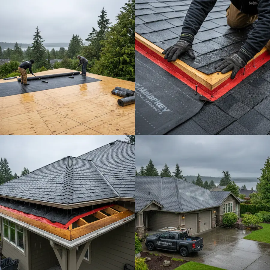 A four-panel collage showing various stages of roof construction: workers laying underlayment on plywood decking, the application of red flashing and starter shingles, and different angles of the home during the mid-installation process.
