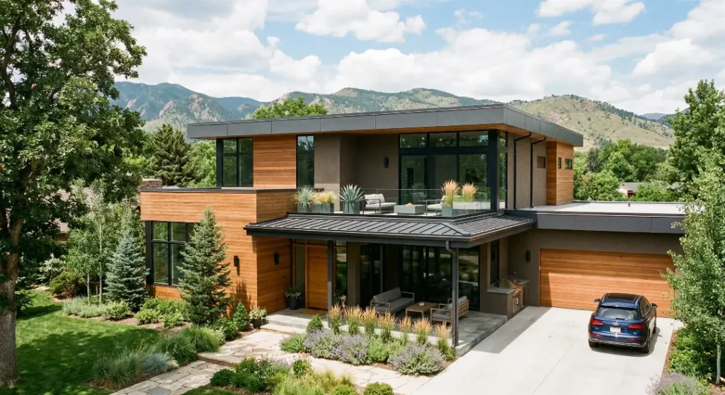 A modern two-story house with a flat roof, wood and grey siding, and large windows, featuring a second-floor balcony and a mountain backdrop.