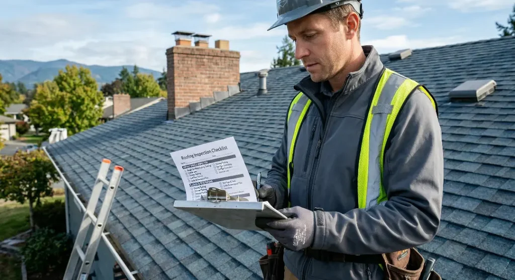 A man in a safety vest stands on a roof, inspecting a document.
