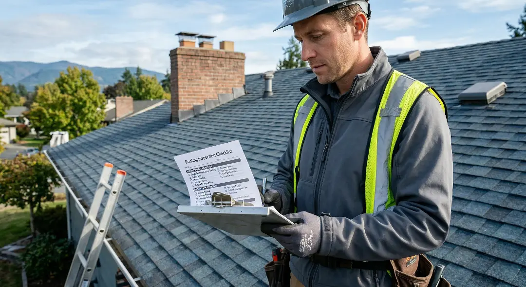 A man in a safety vest stands on a roof, inspecting a document.